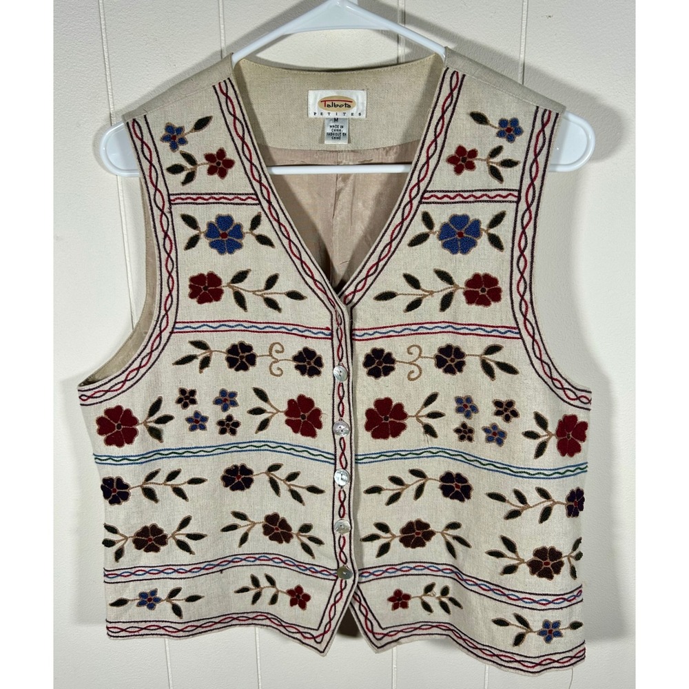 Talbots Petites Linen Cotton Floral Embroidered Vest Oatmeal Beige Vintage Sz M